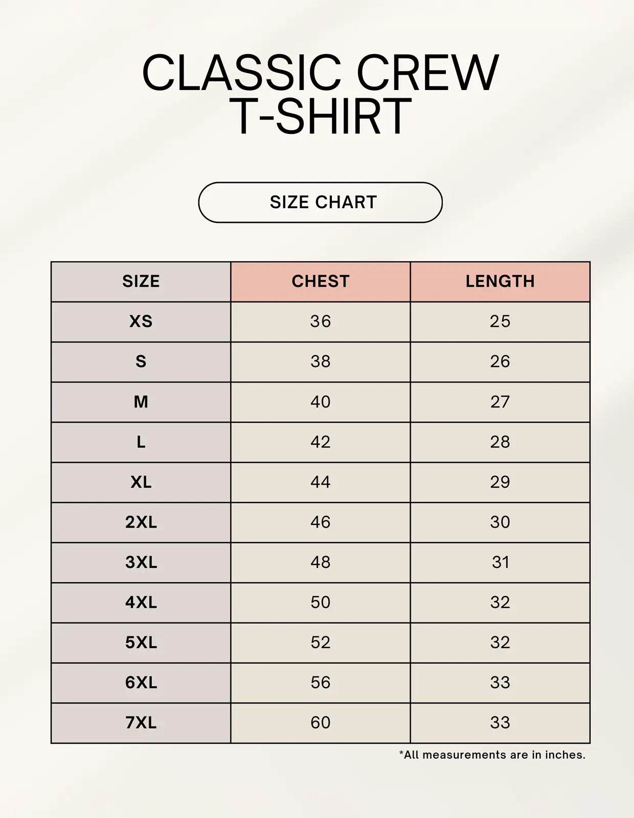 Size chart for SkyBi Shirts Classic Crew T-shirt with chest and length measurements in inches for Spiritual Yoga Tee