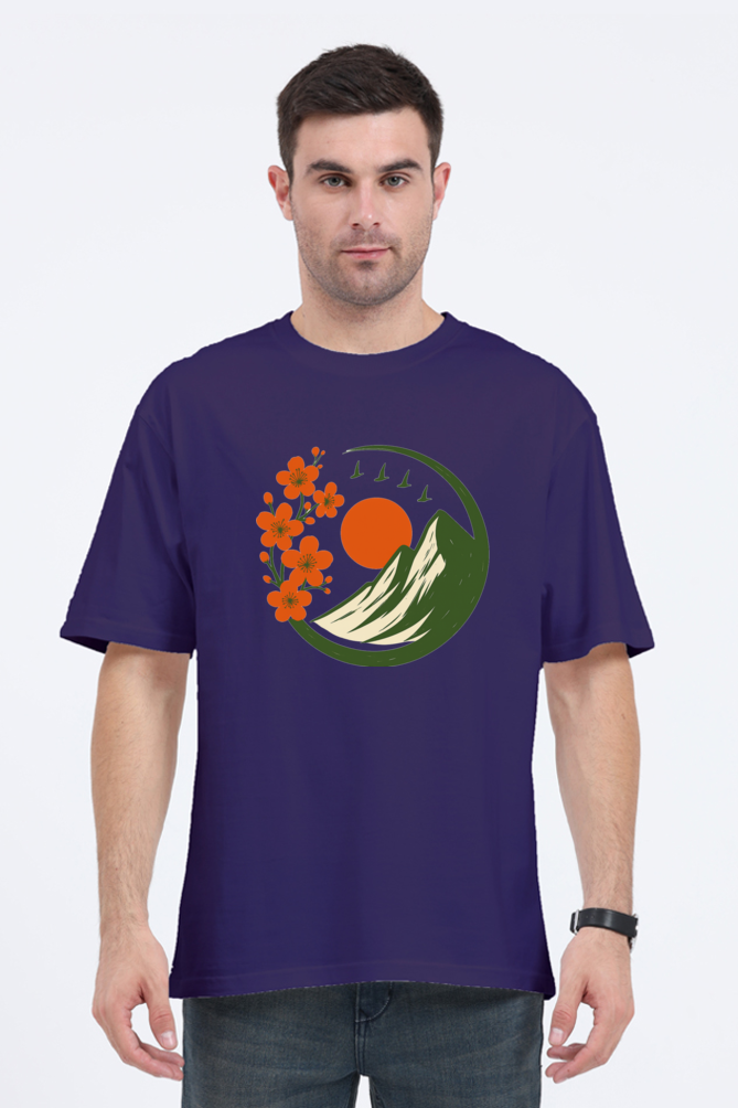 Stylish Oversized T-Shirt by SkyBi Shirts featuring a mountain and sun graphic with orange flowers