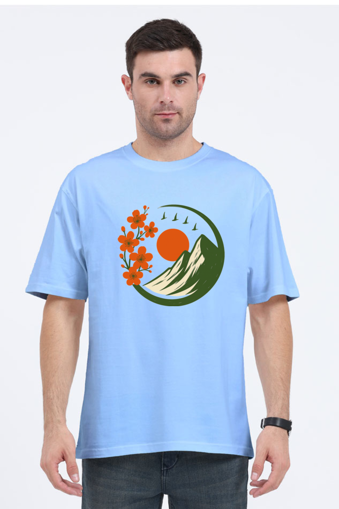 SkyBi Shirts Stylish Oversized T-Shirt in light blue with mountain and floral graphic design 