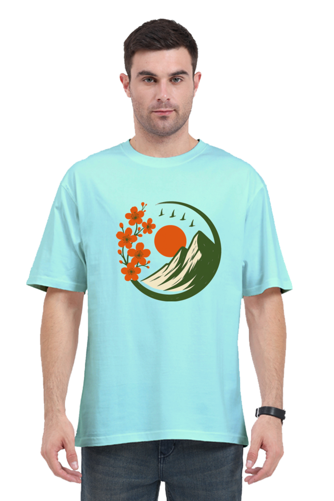 SkyBi Shirts Stylish Oversized T-Shirt in light blue with mountain and floral graphic design