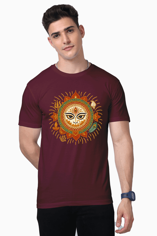 Maroon 2025 Durga Puja T-Shirt from SkyBi Shirts featuring artistic sun and goddess eyes design