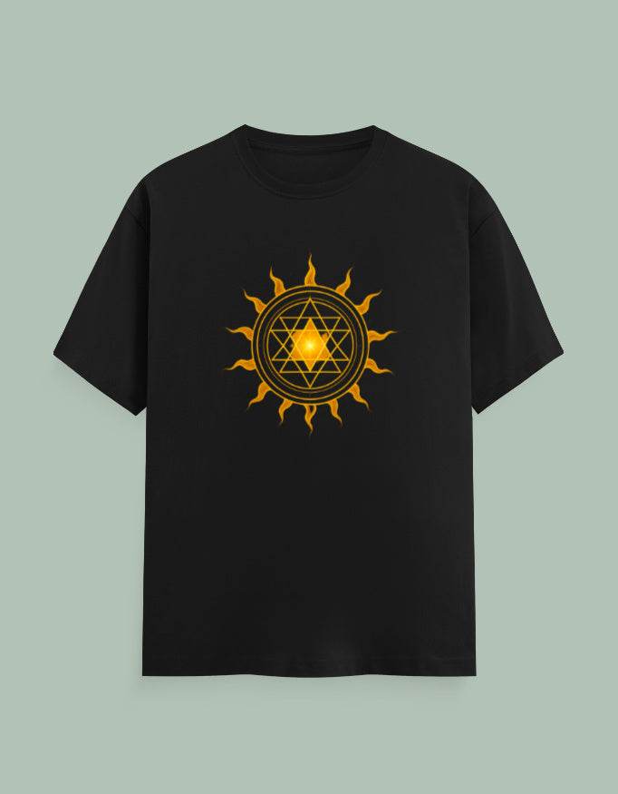 Black SkyBi Shirts Surya Yantra Yoga Tee with golden sun and geometric design on front
