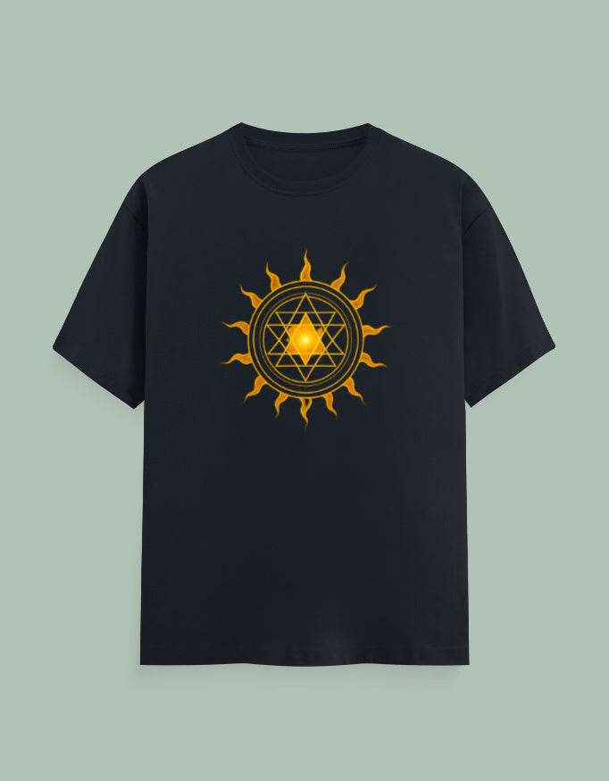 Black SkyBi Shirts Surya Yantra Yoga Tee with yellow sun and geometric design on front