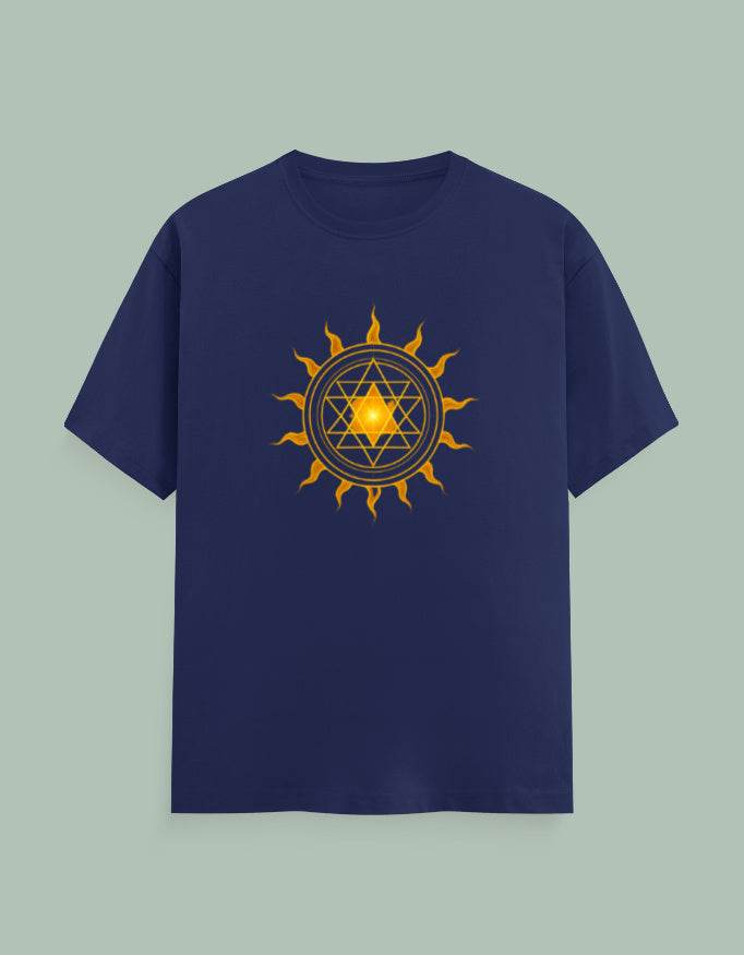 Navy blue Surya Yantra Yoga Tee with bright yellow sun and geometric design on front from SkyBi Shirts