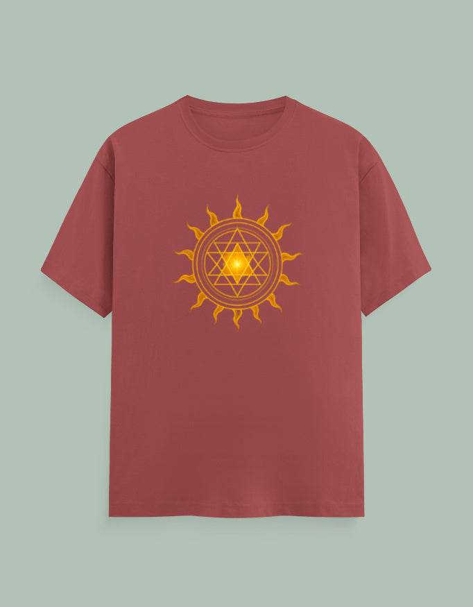 Surya Yantra Yoga Tee by SkyBi Shirts in rust color with yellow sun and geometric design on front