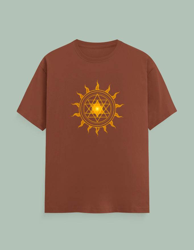 SkyBi Shirts Surya Yantra Yoga Tee in brown with yellow sun design on front