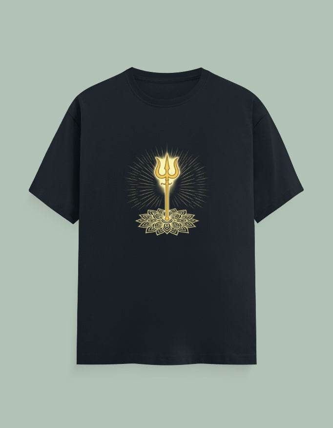 Black SkyBi Shirts Trishul Yoga Tee featuring a glowing golden trishul and intricate lotus design