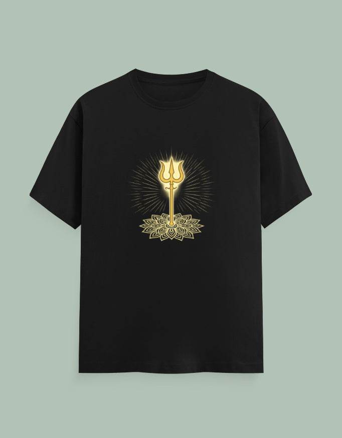Black SkyBi Shirts Trishul Yoga Tee with glowing gold trishul and lotus design on front