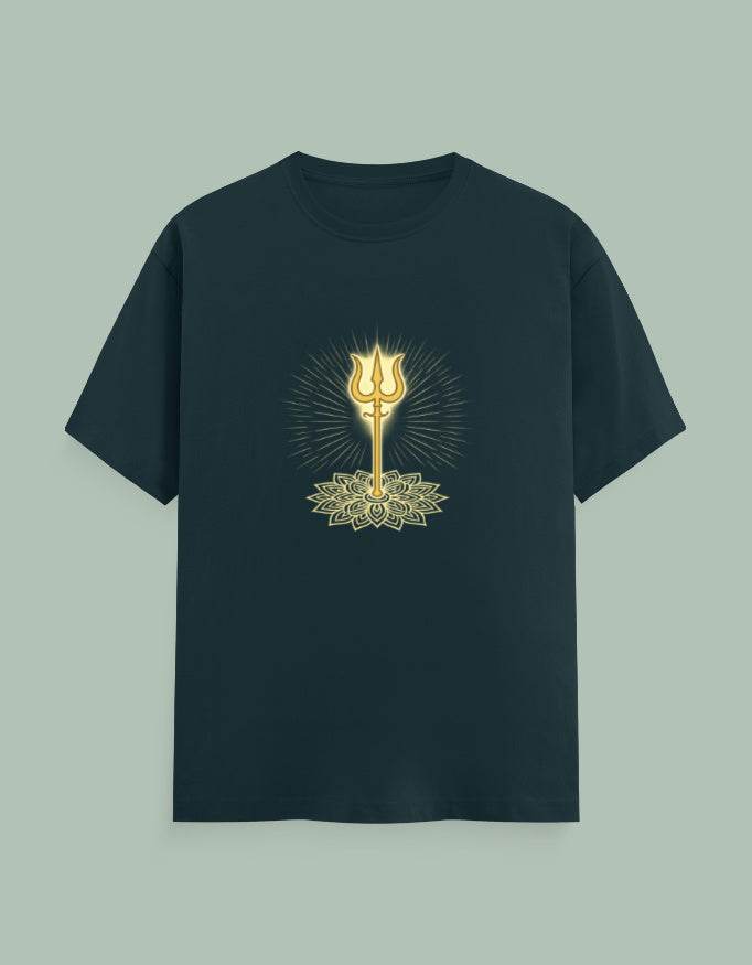 Black t-shirt with golden Trishul and lotus design in center Trishul Yoga Tee by SkyBi Shirts