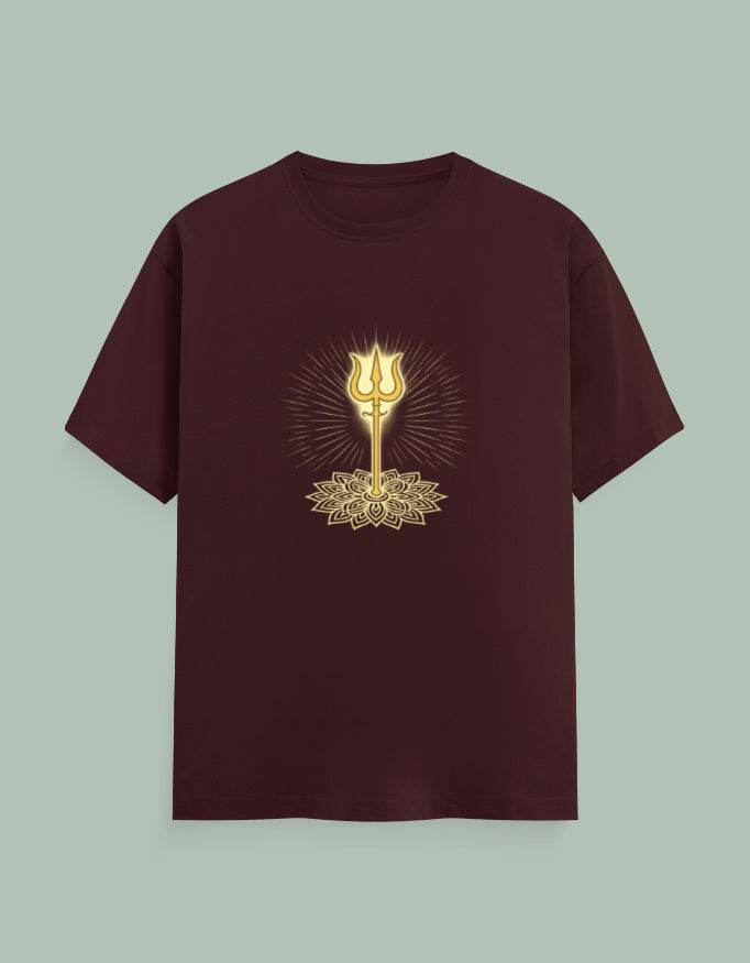 Trishul Yoga Tee by SkyBi Shirts in maroon with glowing gold trident and lotus design
