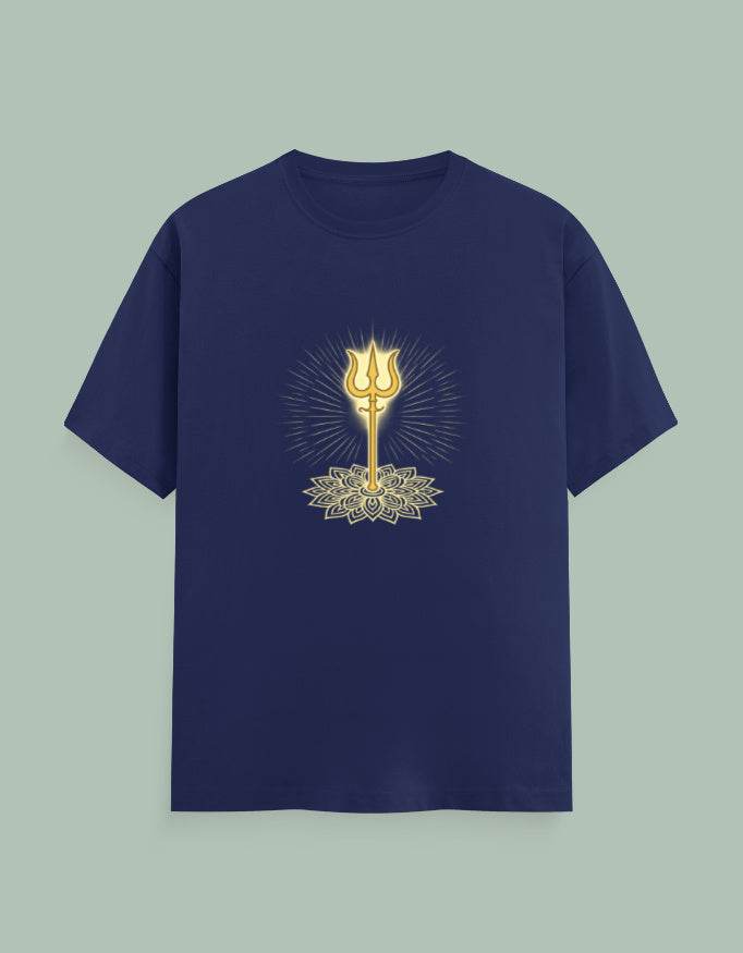 Navy blue SkyBi Shirts Trishul Yoga Tee with glowing golden trishul and lotus design on front