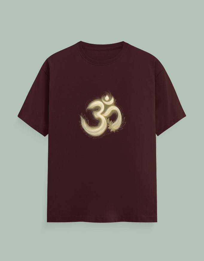 Maroon t-shirt featuring a glowing Om symbol graphic in the center, Om Symbol Yoga Tee by SkyBi Shirts