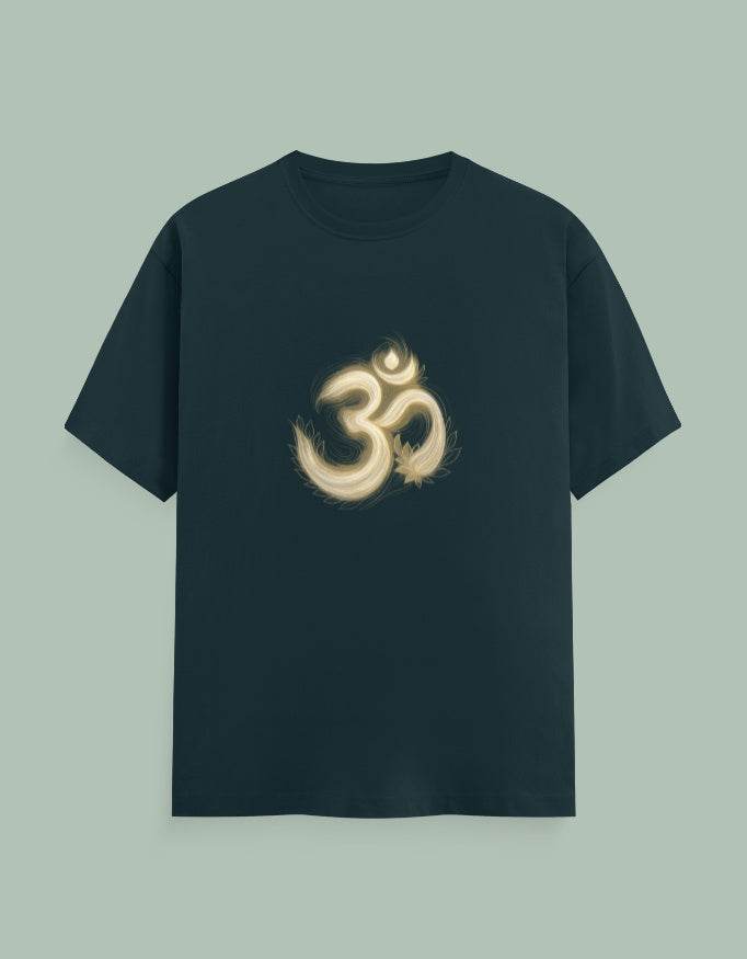 Black SkyBi Shirts Om Symbol Yoga Tee with glowing beige Om design on front