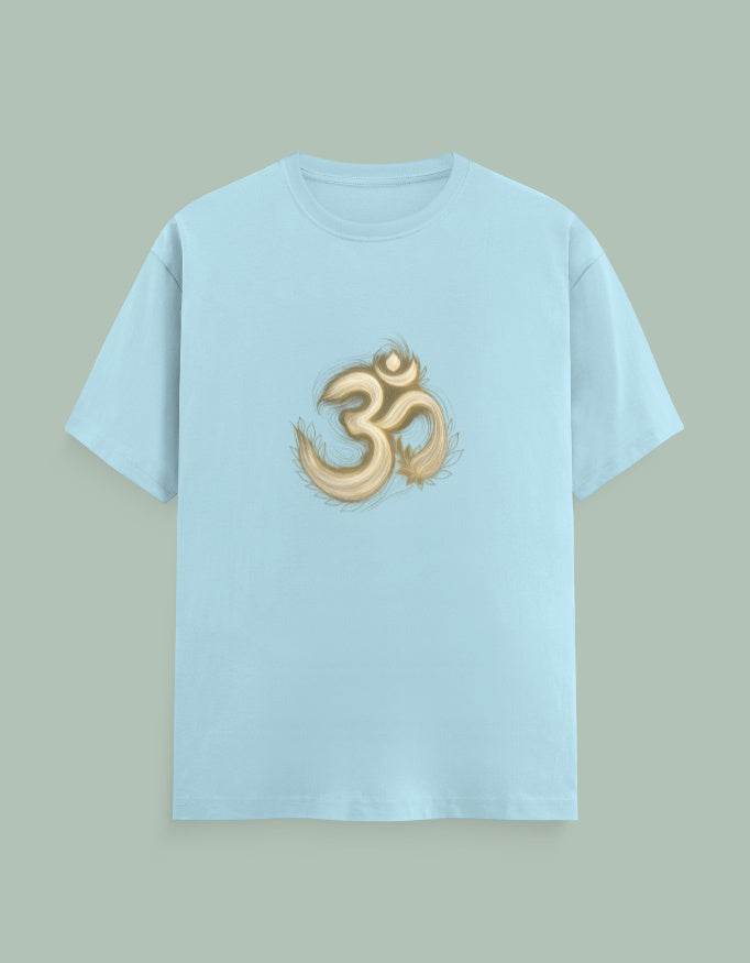 Light blue shirt with gold Om Symbol Yoga Tee design in the center by SkyBi Shirts
