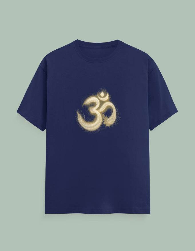 Navy blue Om Symbol Yoga Tee from SkyBi Shirts featuring a glowing yellow Om symbol on the front