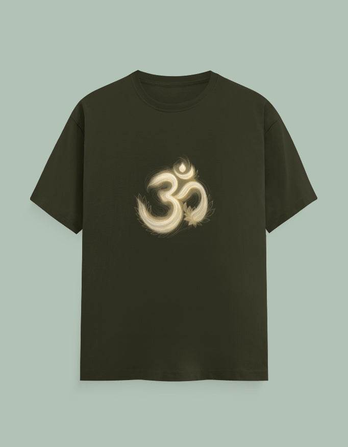 SkyBi Shirts olive green t-shirt with glowing Om Symbol Yoga Tee design on front