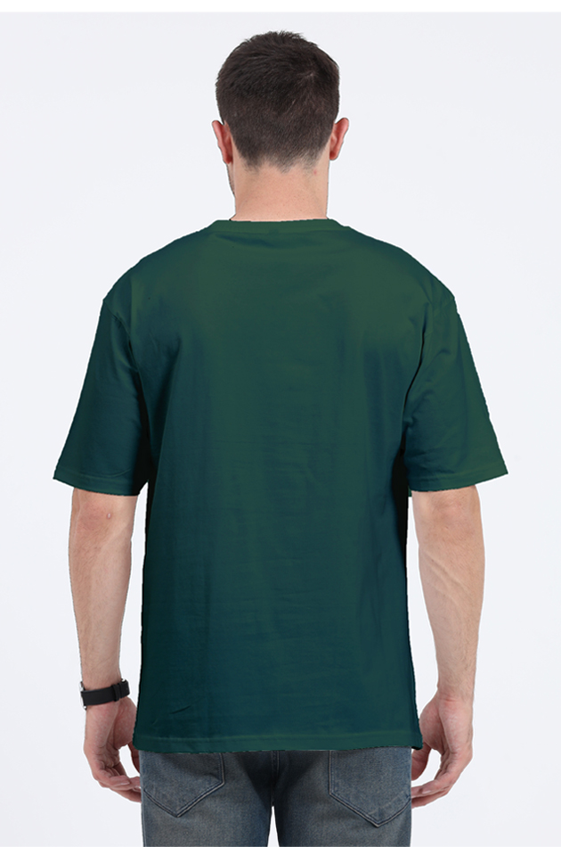 Man wearing plain dark green retro tech t-shirt by SkyBi Shirts shown from the back
