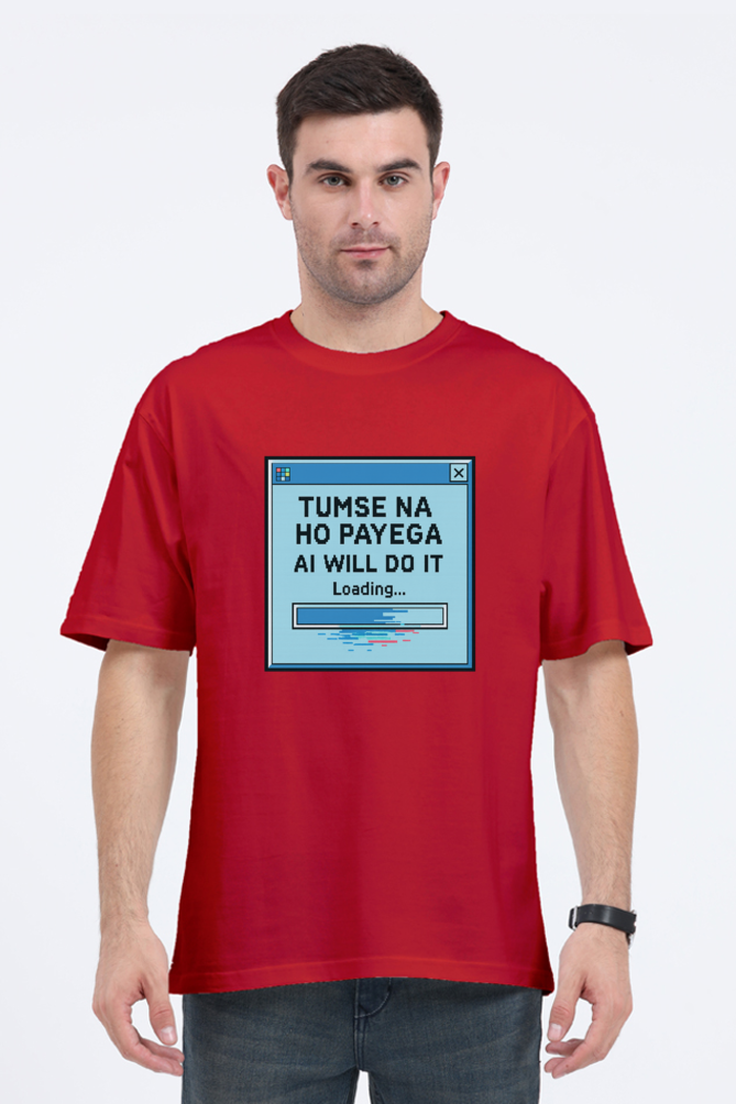 Red retro tech t-shirt with AI loading screen graphic and text worn by male model