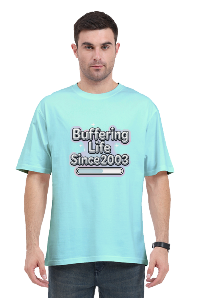 SkyBi Shirts Y2K Funny Oversized T-Shirt in light blue with buffering life graphic since 2003