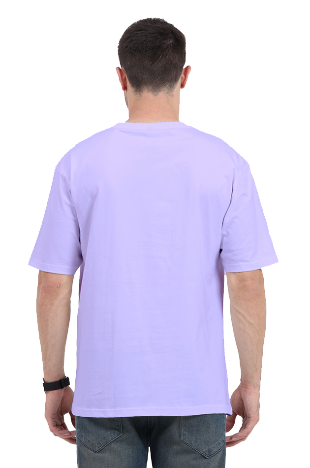 Back view of a man wearing a plain lavender Y2K Funny Oversized T-Shirt by SkyBi Shirts