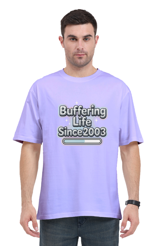 Man wearing a lavender Y2K Funny Oversized T-Shirt with Buffering Life Since 2003 graphic