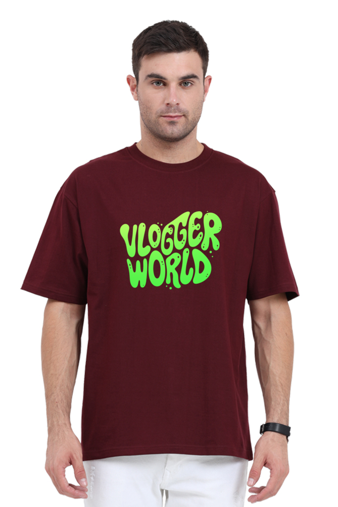 Maroon Vlogger World Oversized T-Shirt with bright green logo worn by male model