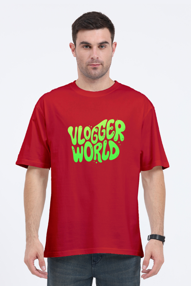 Red Vlogger World Oversized T-Shirt by SkyBi Shirts featuring green bold graphic text