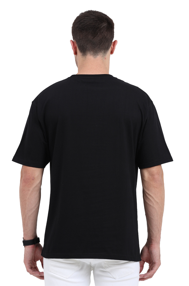 Back view of a man wearing a black Y2K cherry soda Can oversized t-shirt by SkyBi Shirts