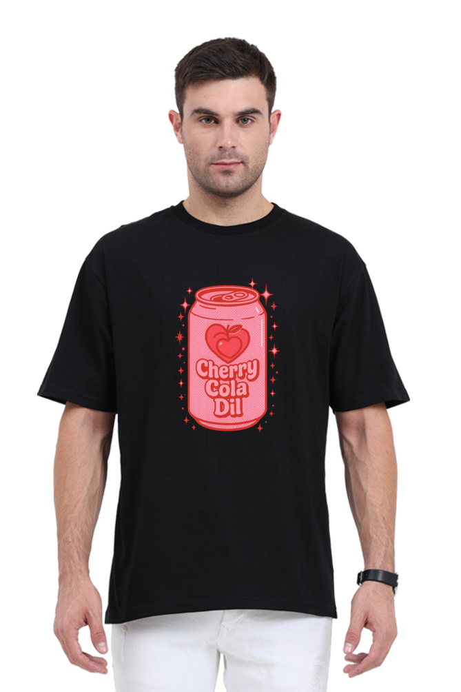 Black Y2K cherry soda Can oversized t-shirt with pink cherry cola can graphic worn by male model