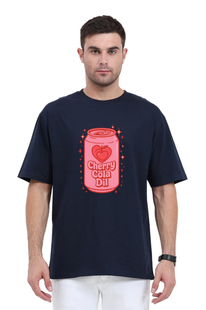 Y2K cherry soda Can oversized t-shirt in navy blue with vintage cherry cola can graphic worn by male model