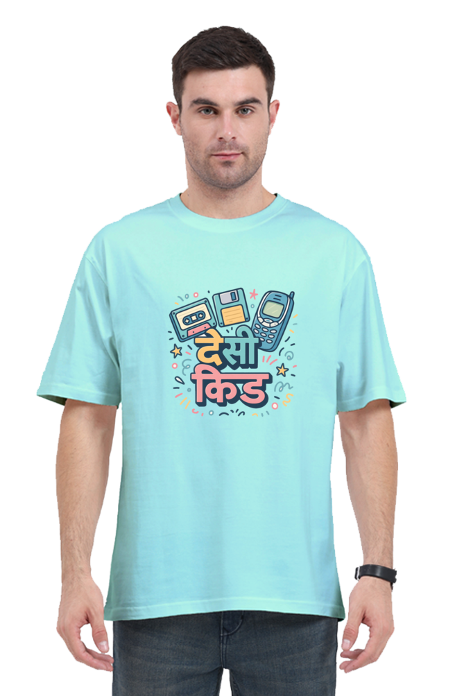 SkyBi Shirts Y2K Cute Oversized T-Shirt in light blue with retro tech graphic print worn by male model
