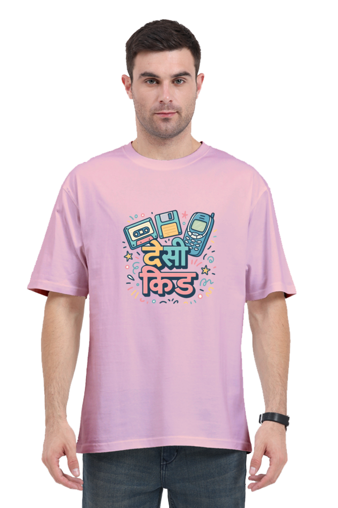 SkyBi Shirts Y2K Cute Oversized T-Shirt in pink with retro tech graphic worn by male model
