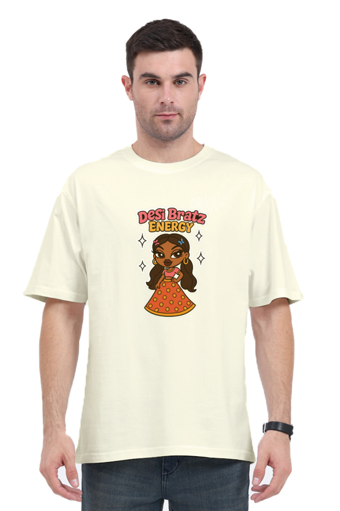 Y2K Desi Brat oversized t-shirt in cream color featuring cartoon graphic and text Desi Bratz Energy