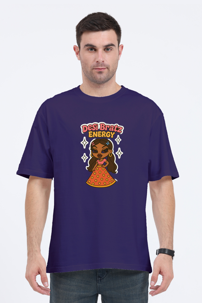 Y2K Desi Brat oversized t-shirt in purple with Desi Bratz Energy graphic on front