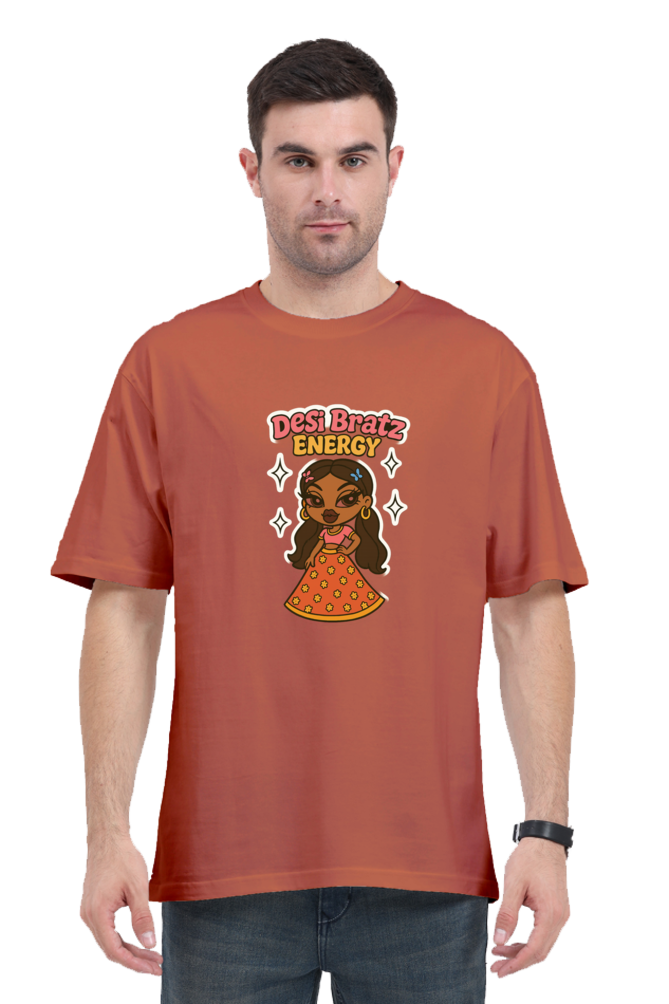 Y2K Desi Brat oversized t-shirt in rust color with cartoon Desi Bratz Energy graphic on front
