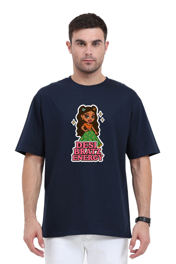 Man wearing a navy blue Y2K Desi Bratz Energy shirt with colorful cartoon graphic on front