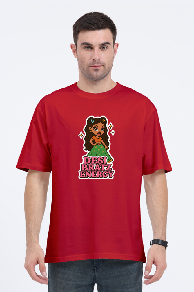Red Y2K Desi Bratz Energy shirt worn by man featuring cartoon character graphic and text