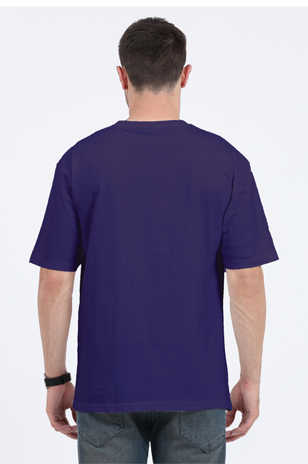 Back view of a man wearing a navy blue Y2K Orkut Oversized T-Shirt by SkyBi Shirts