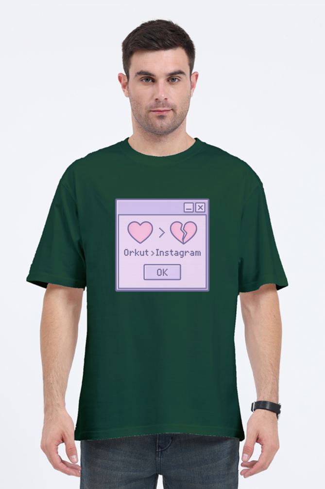 Y2K Orkut Oversized T-Shirt in dark green with retro computer window graphic comparing Orkut and Instagram
