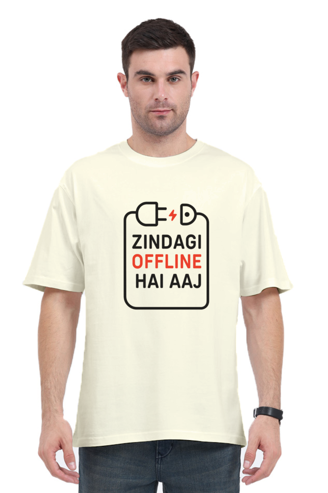 Zindagi Offline oversized t-shirt in cream with bold black and red graphic print worn by male model