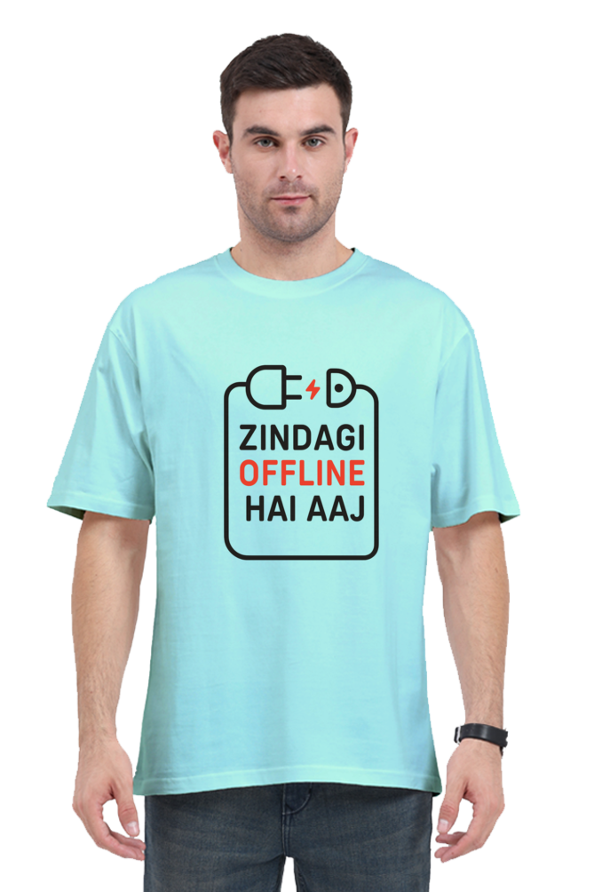 SkyBi Shirts Zindagi Offline oversized t-shirt in light blue with battery graphic and bold text